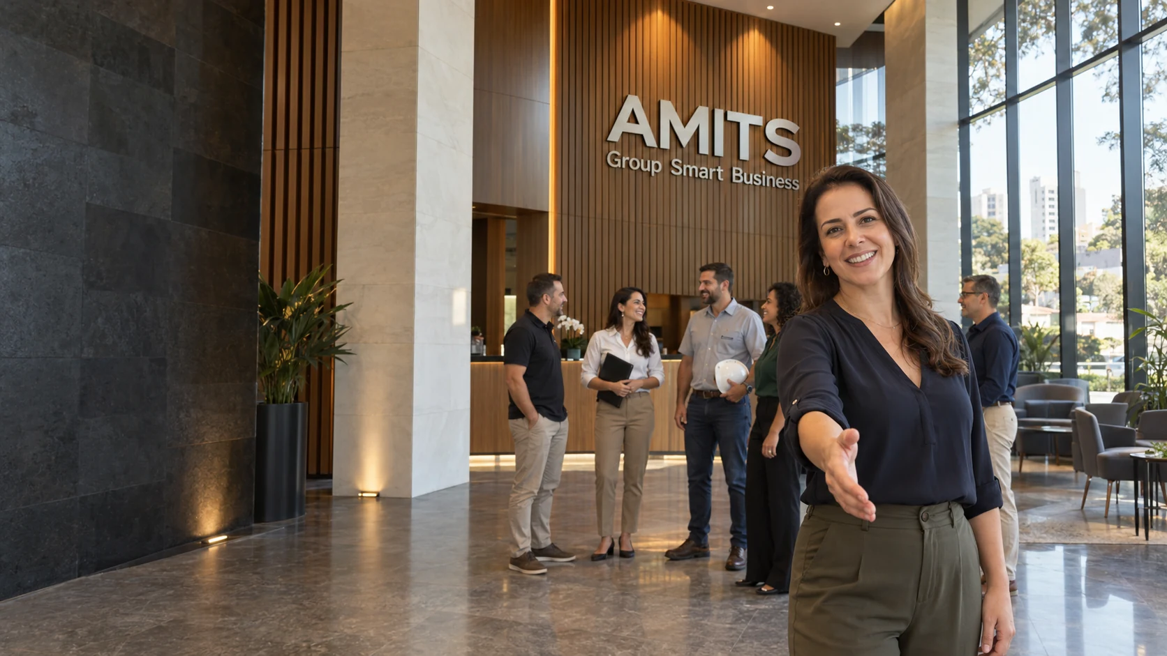 Anfitriã estende a mão para receber o visitante no saguão da Amits Group, com empresários conversando ao fundo.
