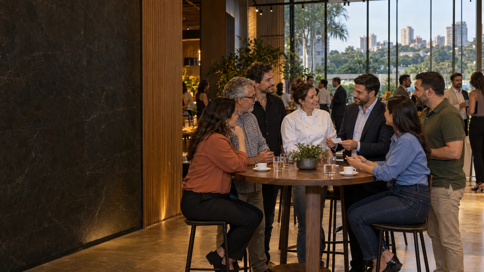 Profissionais de áreas diferentes reunidos à mesa em um evento de negócios, com outros grupos conversando ao fundo.