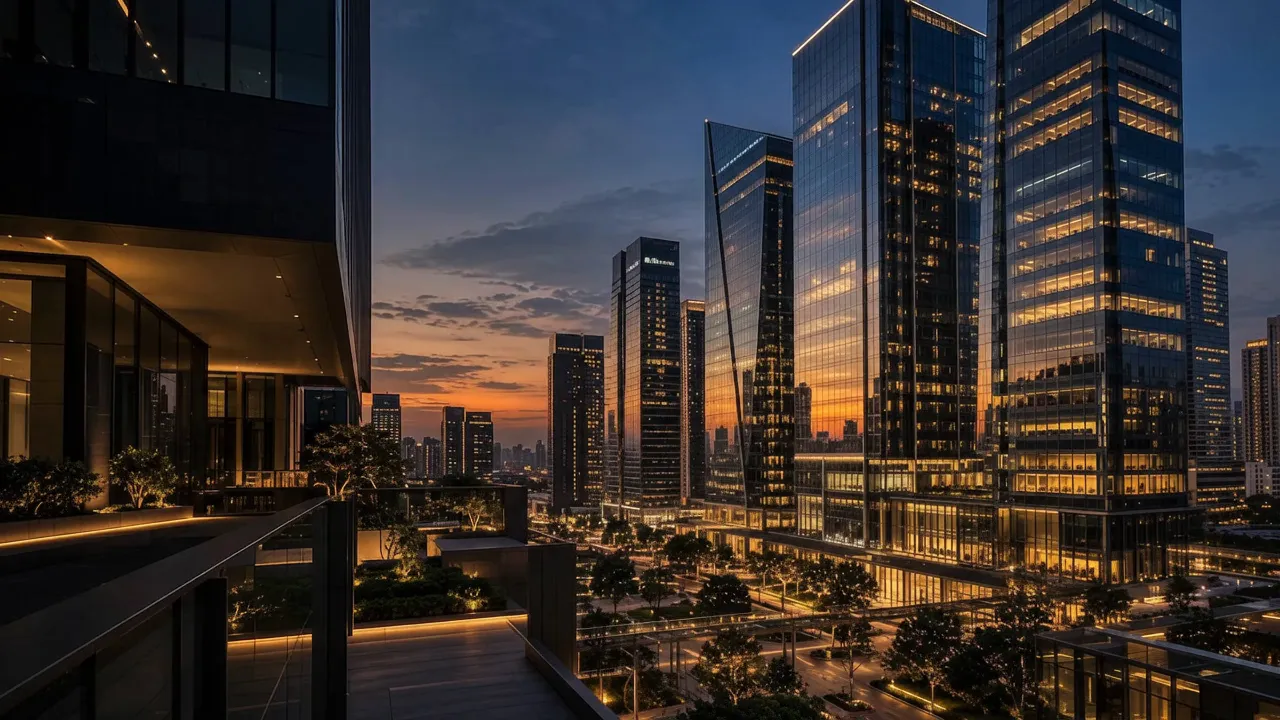 Arranha-céus iluminados ao entardecer, com nuvens passando sobre a cidade.